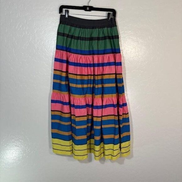 STAUD Skirt Womens 6 Multicolor Rainbow Stripe Tiered Cotton Midi A-Line Boho - Picture 1 of 7